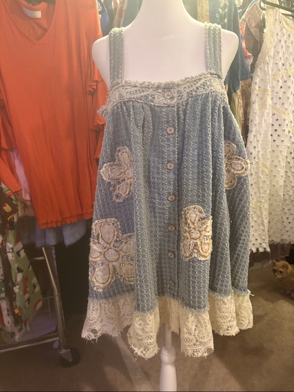 POL OVERSIZED Boho Crochet Lace Panel Dress in Dusty Blue & Cream Sz S NWOT